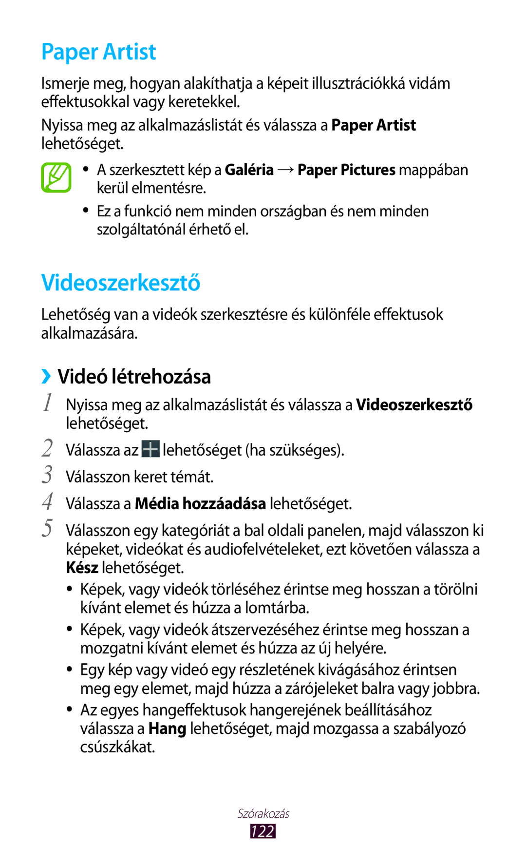 Samsung GT-N8000EAADRE, GT-N8000EAADBT, GT-N8000ZWAEPL manual Paper Artist, Videoszerkesztő, ››Videó létrehozása, 122 