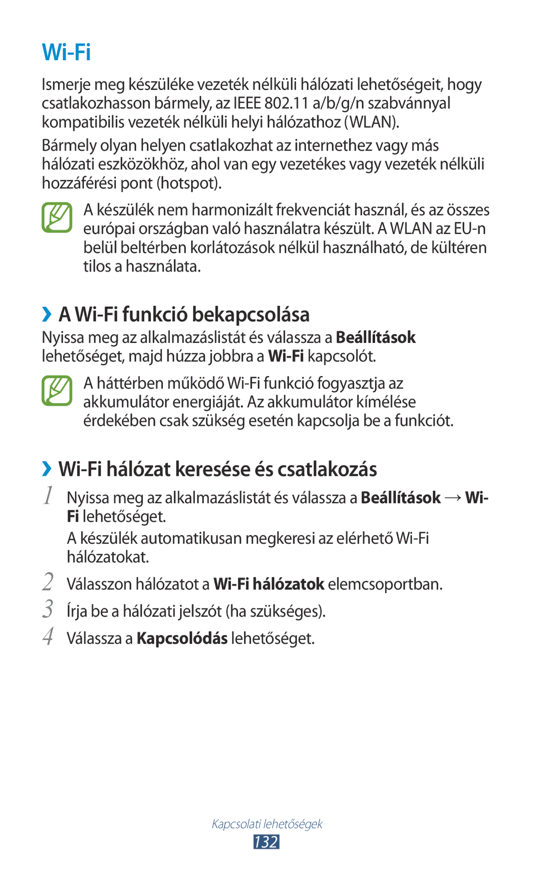 Samsung GT-N8000EAAAUT, GT-N8000EAADBT ››A Wi-Fi funkció bekapcsolása, ››Wi-Fi hálózat keresése és csatlakozás, 132 