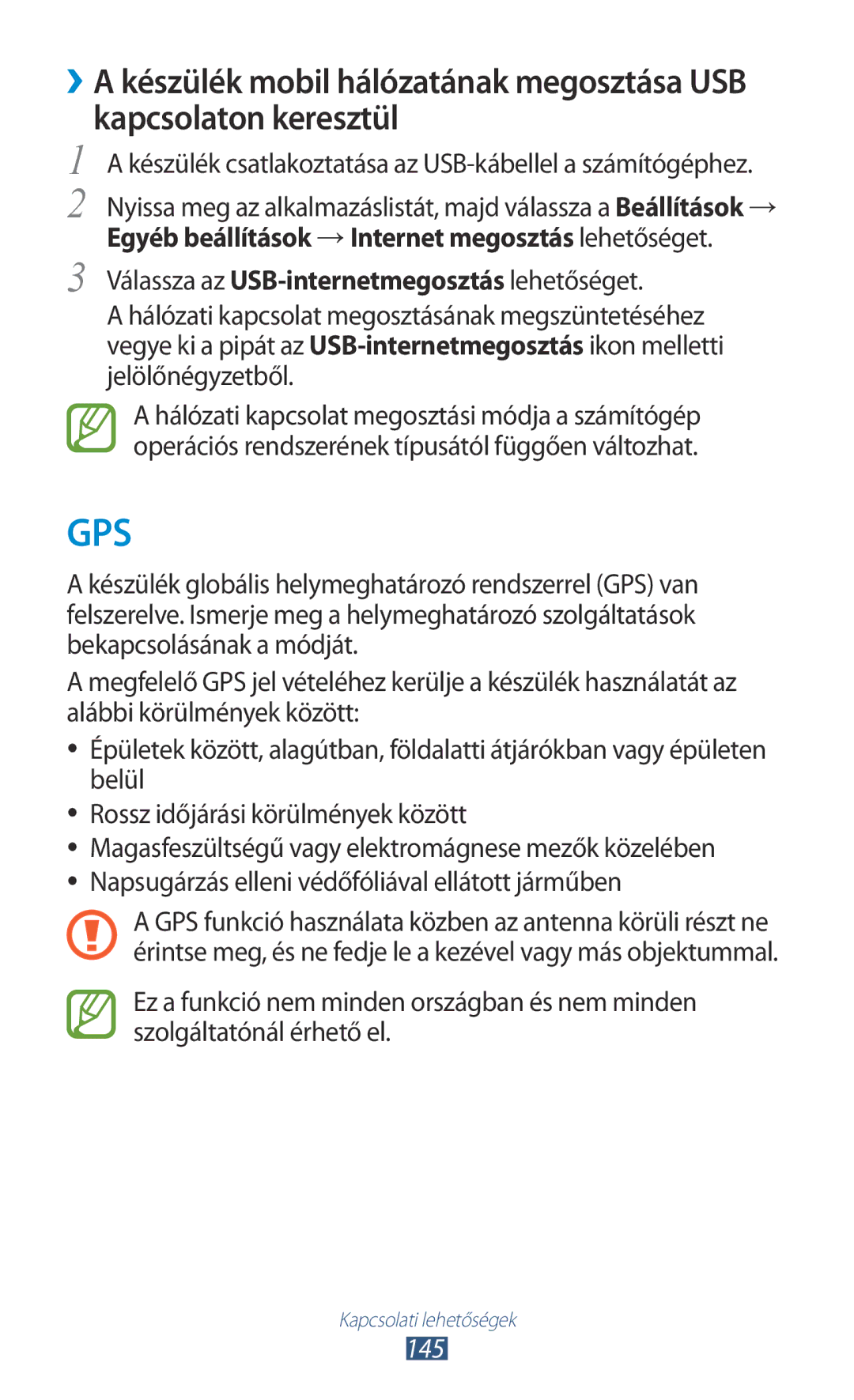 Samsung GT-N8000EAACOA, GT-N8000EAADBT, GT-N8000ZWAEPL, GT-N8000ZWADBT Válassza az USB-internetmegosztáslehetőséget, 145 