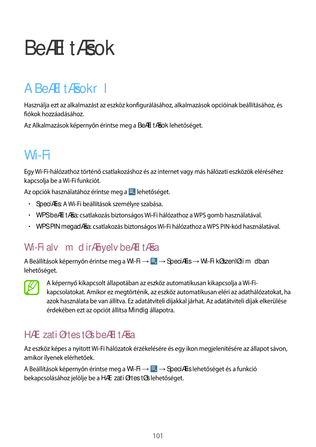 Samsung GT-N8000ZWAEUR manual Beállításokról, Wi-Fi alvó mód irányelv beállítása, Hálózati értesítés beállítása 