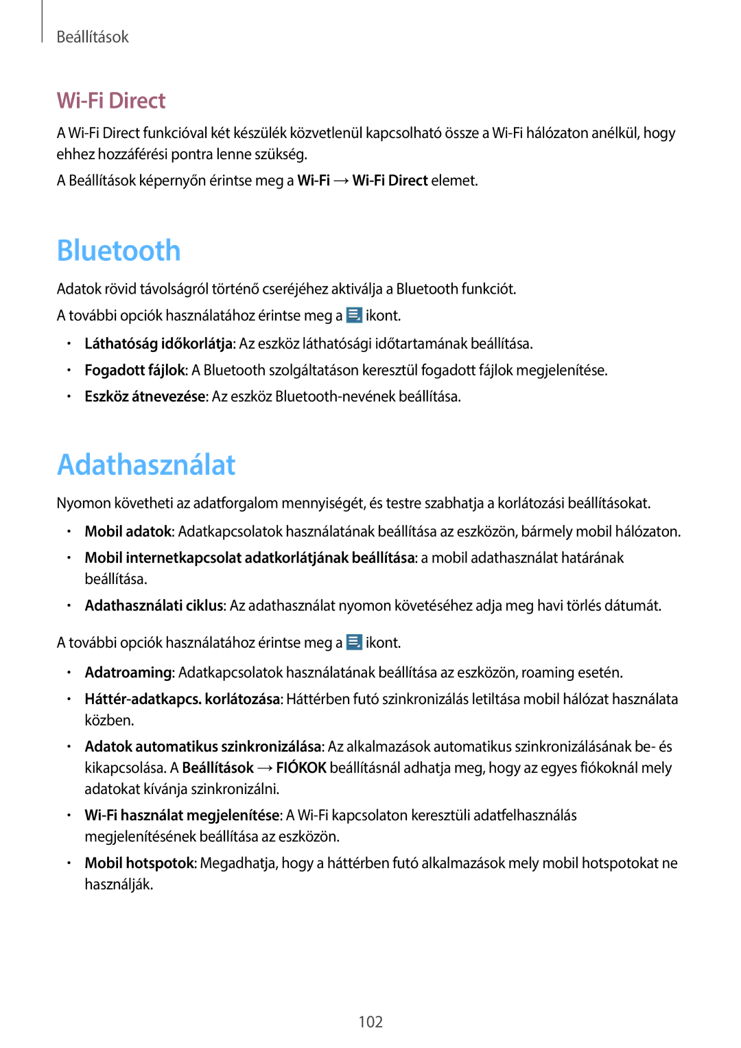 Samsung GT-N8000ZWAATO, GT-N8000EAADBT, GT-N8000ZWAEPL, GT-N8000ZWADBT, GT-N8000EAAATO manual Adathasználat, Wi-Fi Direct 