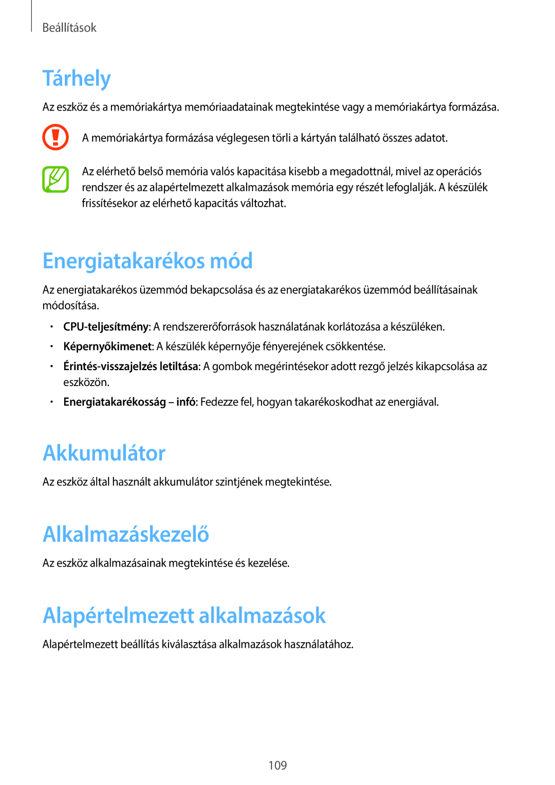 Samsung GT-N8000EAAXEH manual Tárhely, Energiatakarékos mód, Akkumulátor, Alkalmazáskezelő, Alapértelmezett alkalmazások 