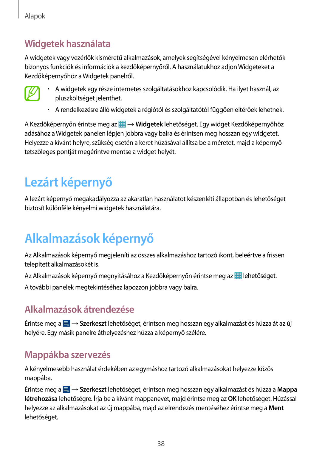 Samsung GT-N8000EAADBT manual Lezárt képernyő, Alkalmazások képernyő, Widgetek használata, Alkalmazások átrendezése 