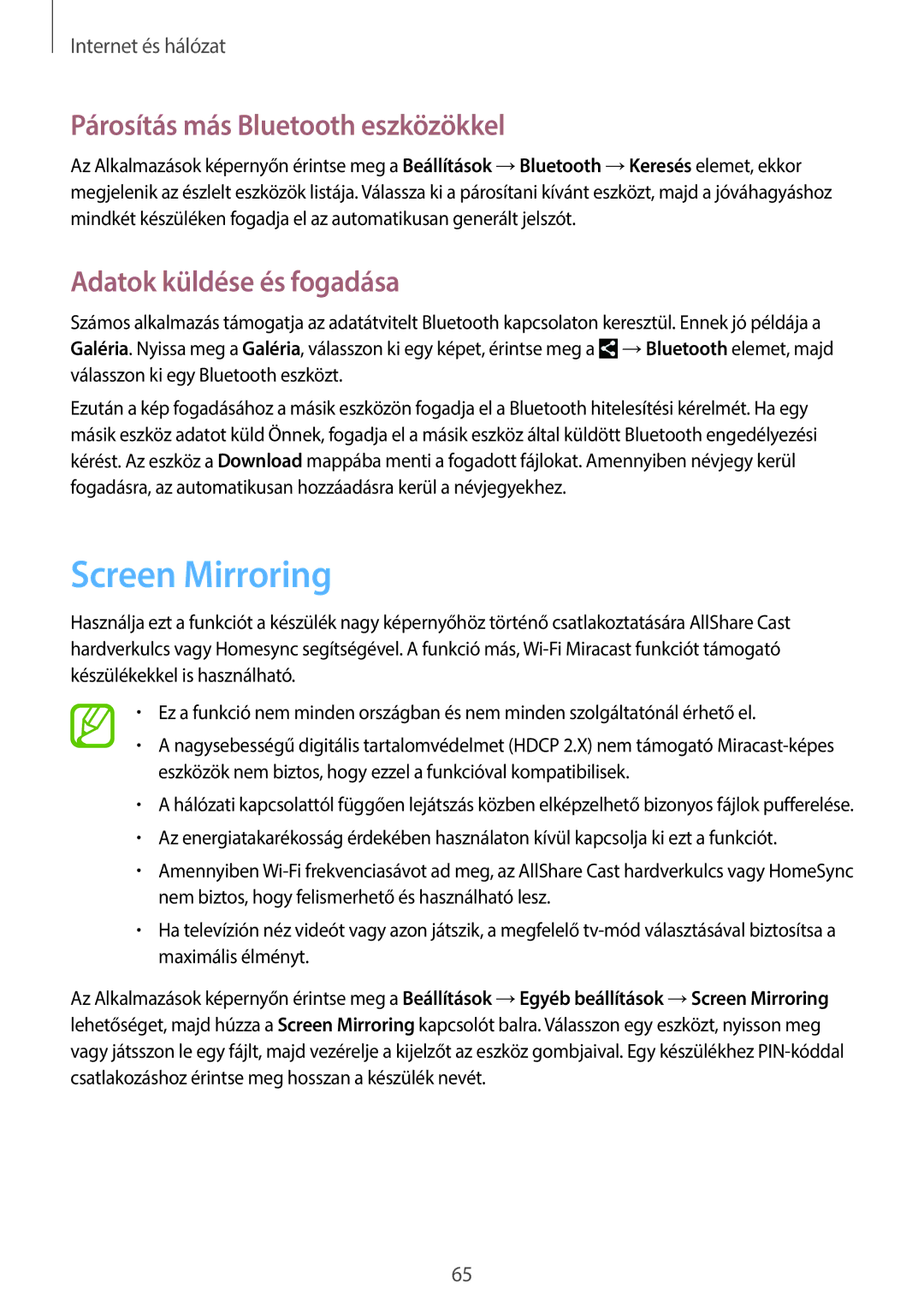 Samsung GT-N8000EAADRE, GT-N8000EAADBT Screen Mirroring, Párosítás más Bluetooth eszközökkel, Adatok küldése és fogadása 