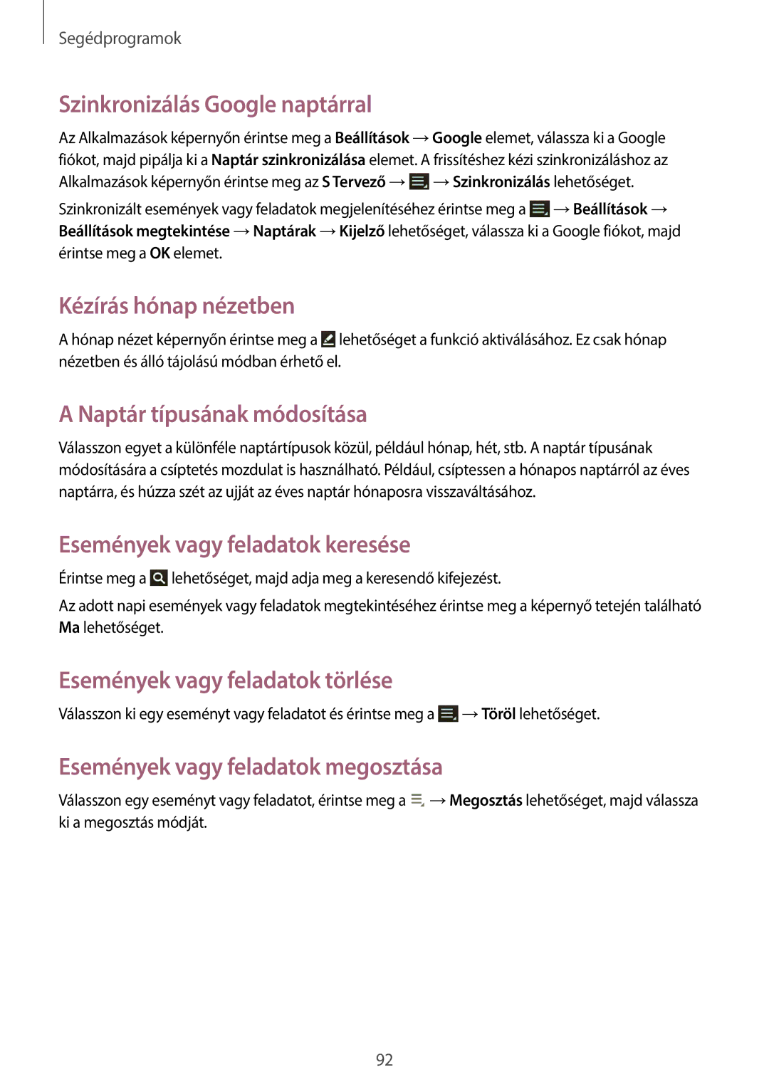 Samsung GT-N8000GRAXEH manual Szinkronizálás Google naptárral, Kézírás hónap nézetben, Naptár típusának módosítása 