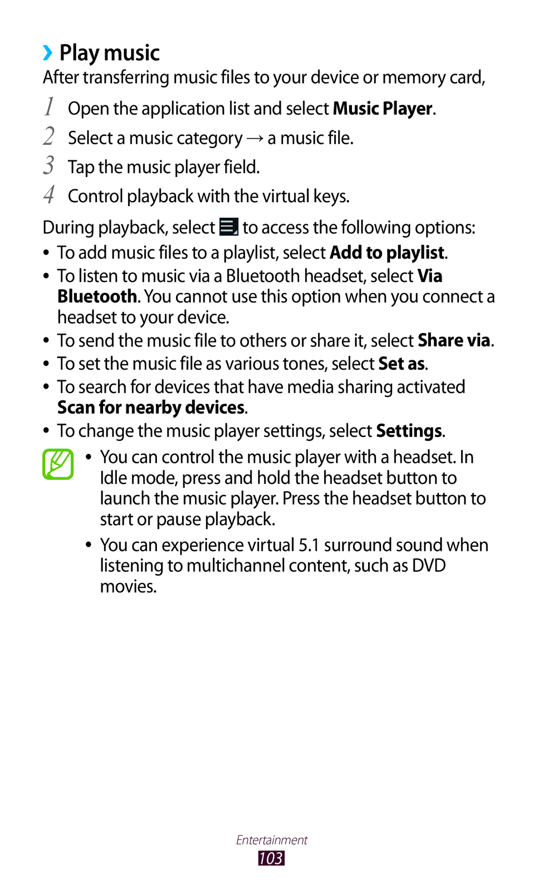 Samsung GT-N8000GRAXXV, GT-N8000EAAKSA manual ››Play music, After transferring music files to your device or memory card 