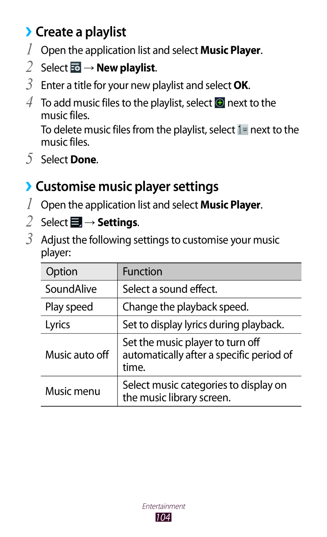 Samsung GT-N8000EAAXXV, GT-N8000EAAKSA manual Create a playlist, ››Customise music player settings, Select → New playlist 