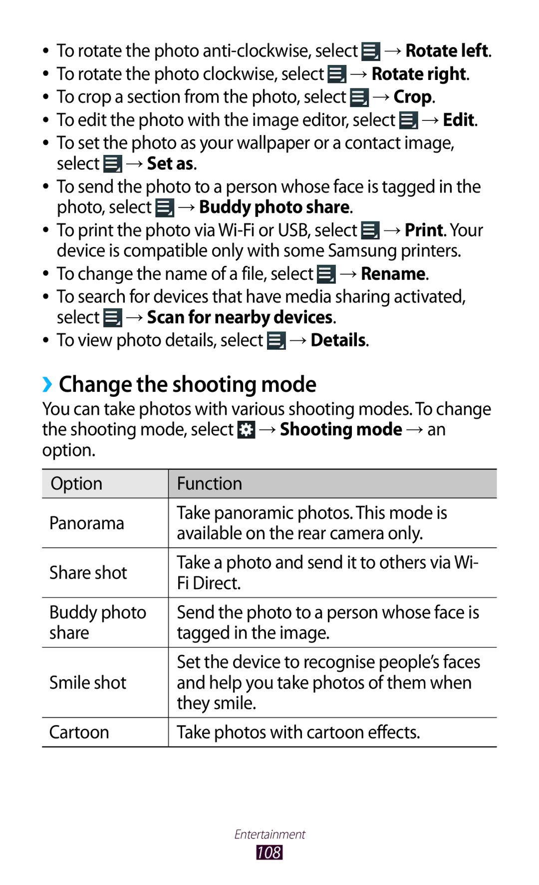 Samsung GT-N8000ZWAXSG manual ››Change the shooting mode, → Crop, Fi Direct, Buddy photo, Share Tagged in the image 