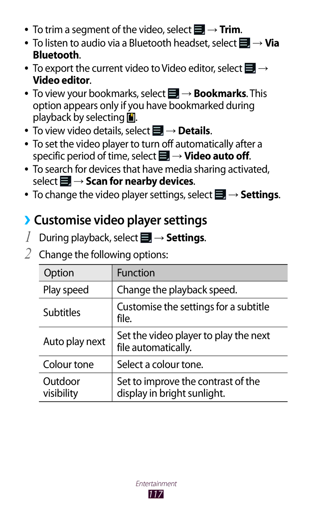 Samsung GT-N8000ZWATHR, GT-N8000EAAKSA, GT-N8000ZWFTHR, GT-N8000EAAEGY, GT-N8000ZWAXSG manual ››Customise video player settings 