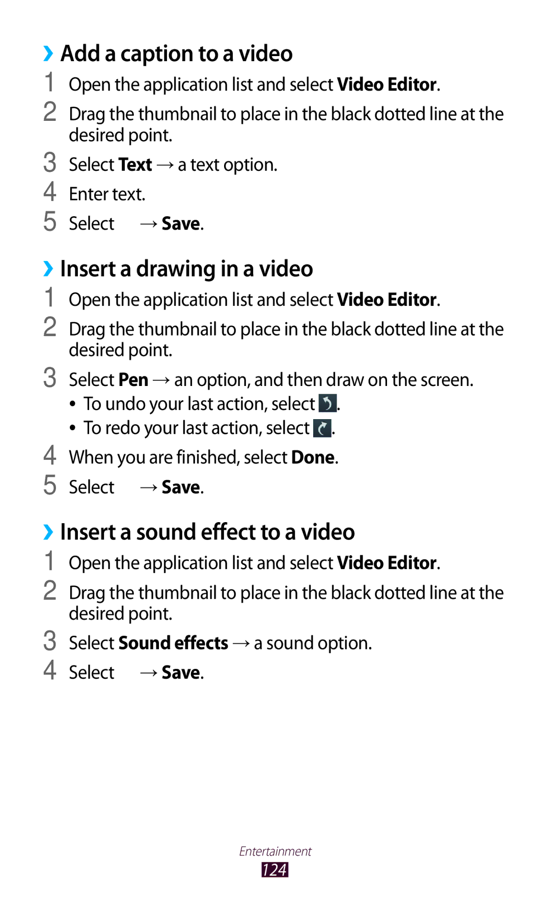 Samsung GT-N8000GRAXXV manual ››Add a caption to a video, ››Insert a drawing in a video, Insert a sound effect to a video 