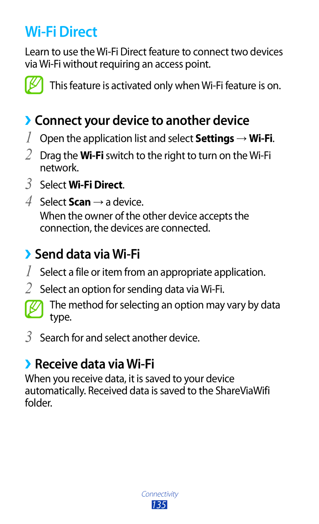 Samsung GT-N8000ZWAAFR manual ››Connect your device to another device, ››Send data via Wi-Fi, Select Wi-Fi Direct 