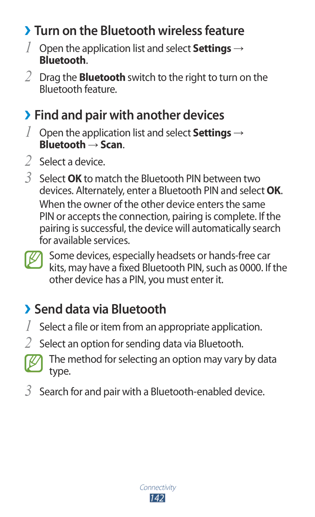 Samsung GT-N8000EAAJED, GT-N8000EAAKSA manual ››Turn on the Bluetooth wireless feature, ››Find and pair with another devices 