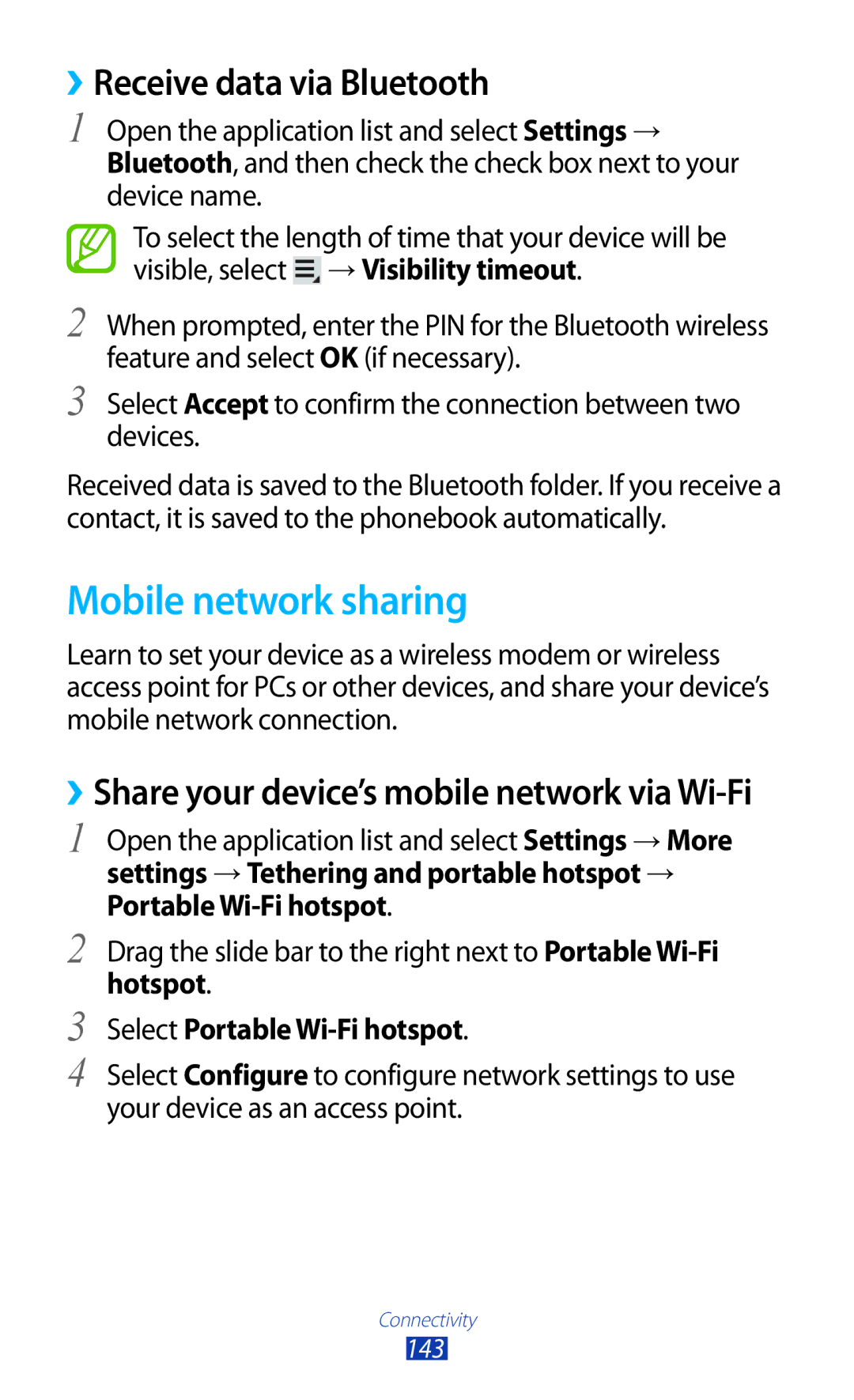 Samsung GT-N8000EAATHR, GT-N8000EAAKSA Mobile network sharing, ››Receive data via Bluetooth, Select Portable Wi-Fi hotspot 