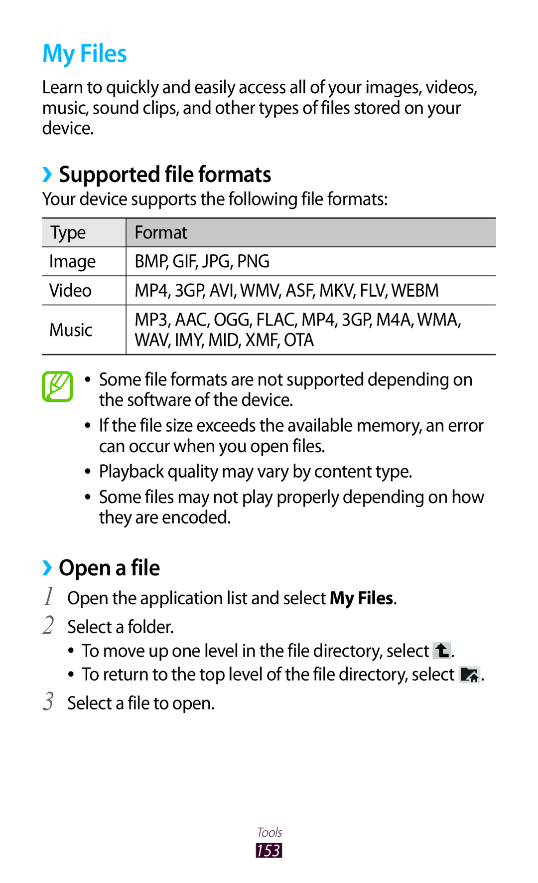 Samsung GT-N8000ZWACAC, GT-N8000EAAKSA, GT-N8000ZWFTHR manual My Files, ››Supported file formats, ››Open a file, Video, Music 