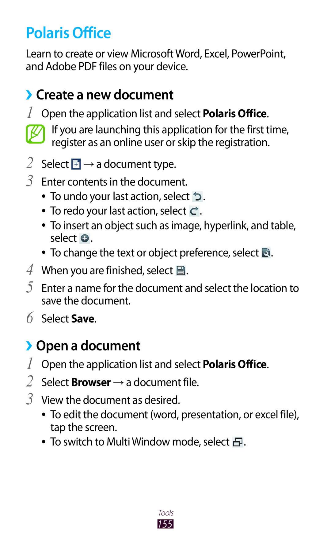 Samsung GT-N8000ZWAJED, GT-N8000EAAKSA, GT-N8000ZWFTHR manual Polaris Office, ››Create a new document, ››Open a document 