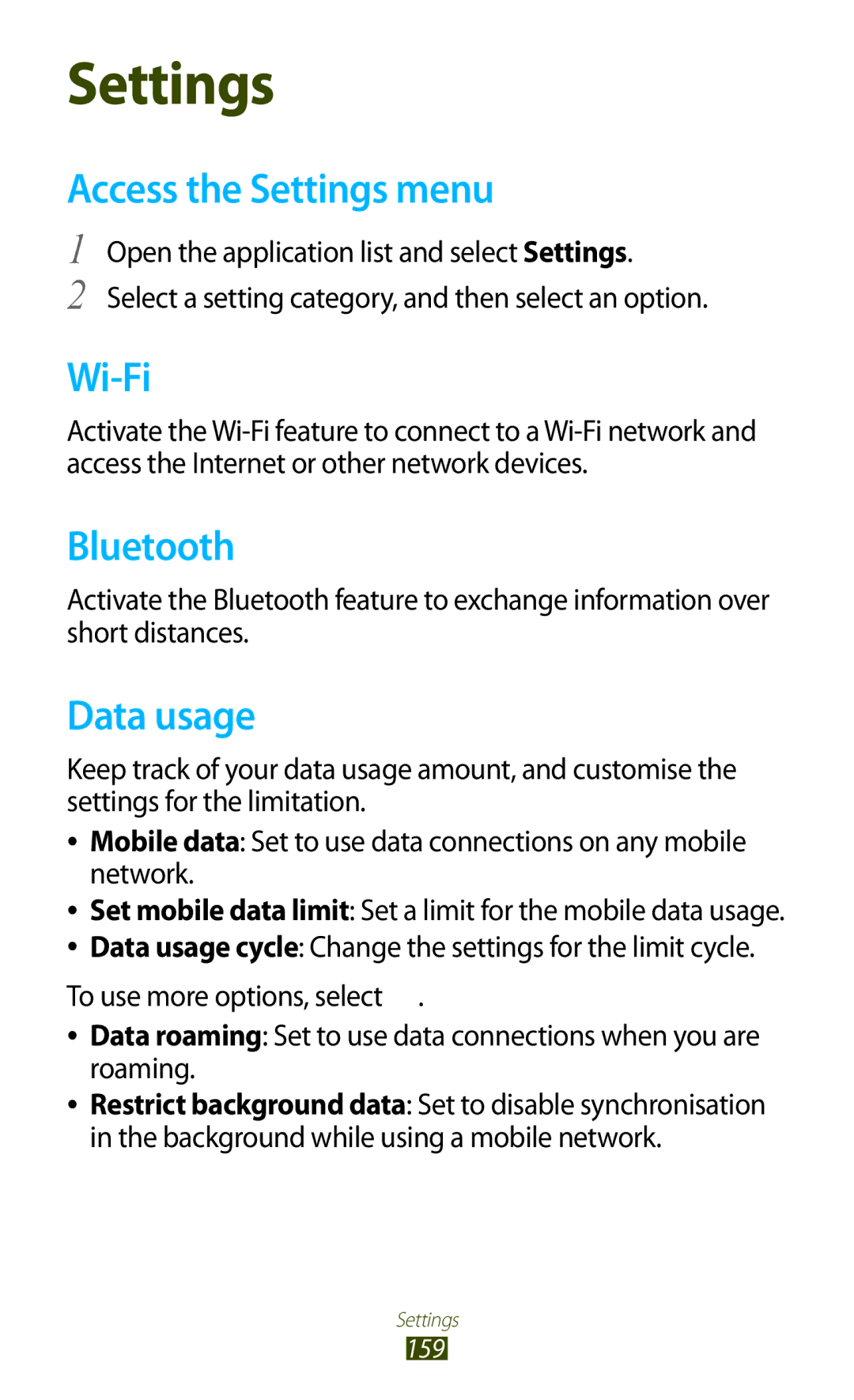 Samsung GT-N8000ZWATHR, GT-N8000EAAKSA, GT-N8000ZWFTHR, GT-N8000EAAEGY, GT-N8000ZWAXSG Access the Settings menu, Data usage 