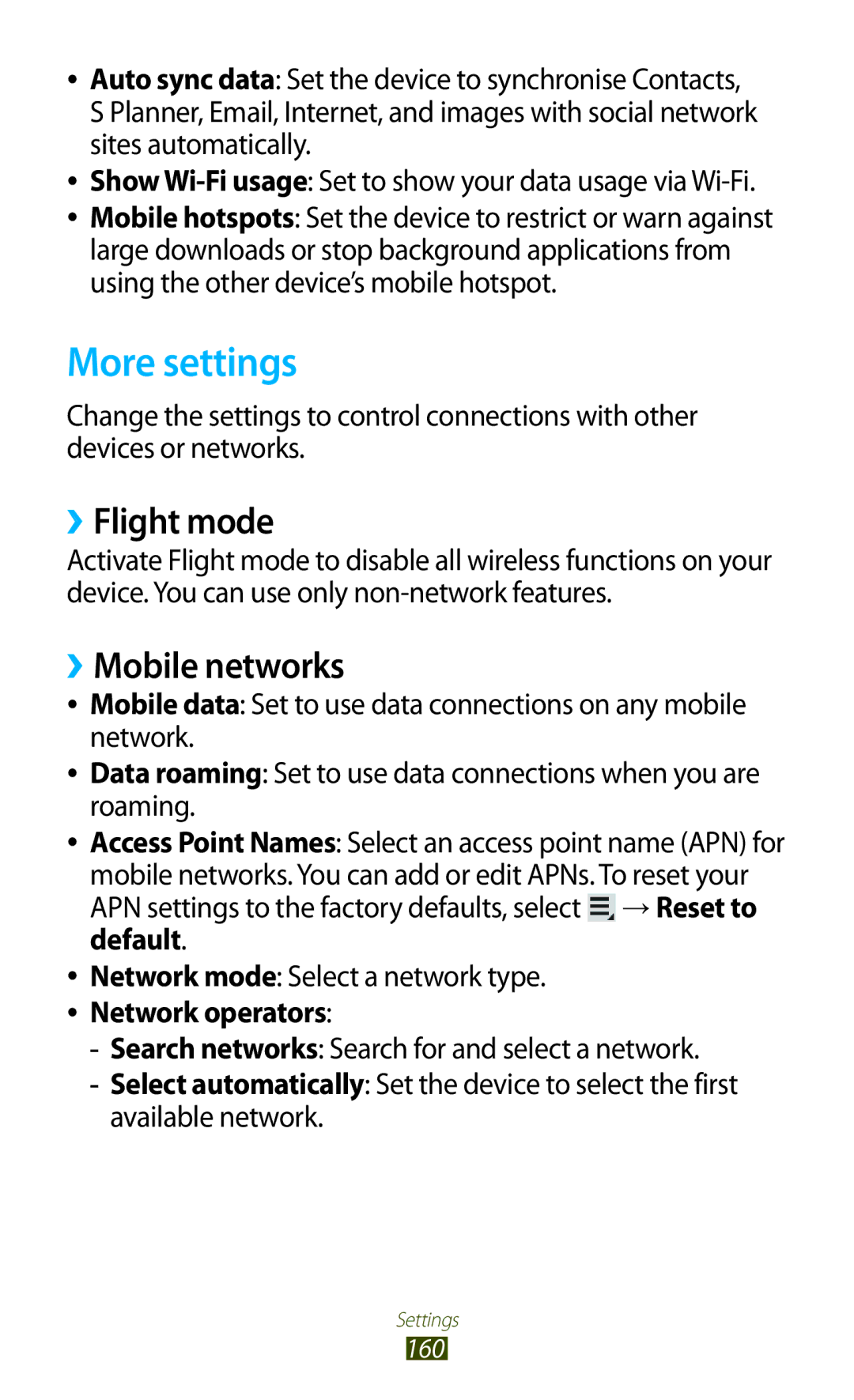 Samsung GT-N8000ZWETHR, GT-N8000EAAKSA, GT-N8000ZWFTHR, GT-N8000EAAEGY manual More settings, ››Flight mode, ››Mobile networks 