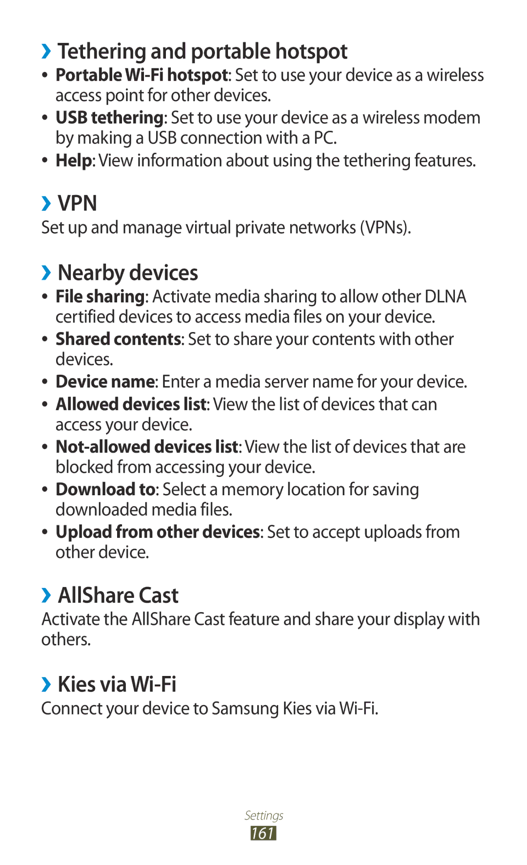 Samsung GT-N8000EAFTHR manual ››Tethering and portable hotspot, ››Nearby devices, ››AllShare Cast, ››Kies via Wi-Fi 