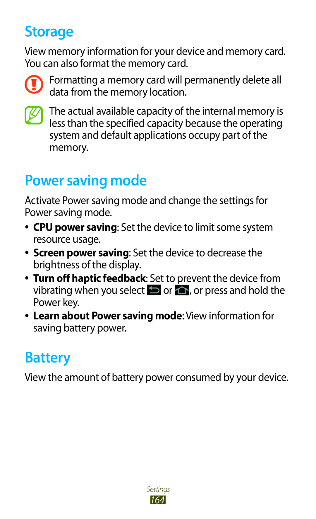 Samsung GT-N8000EAATHR manual Storage, Power saving mode, Battery, View the amount of battery power consumed by your device 