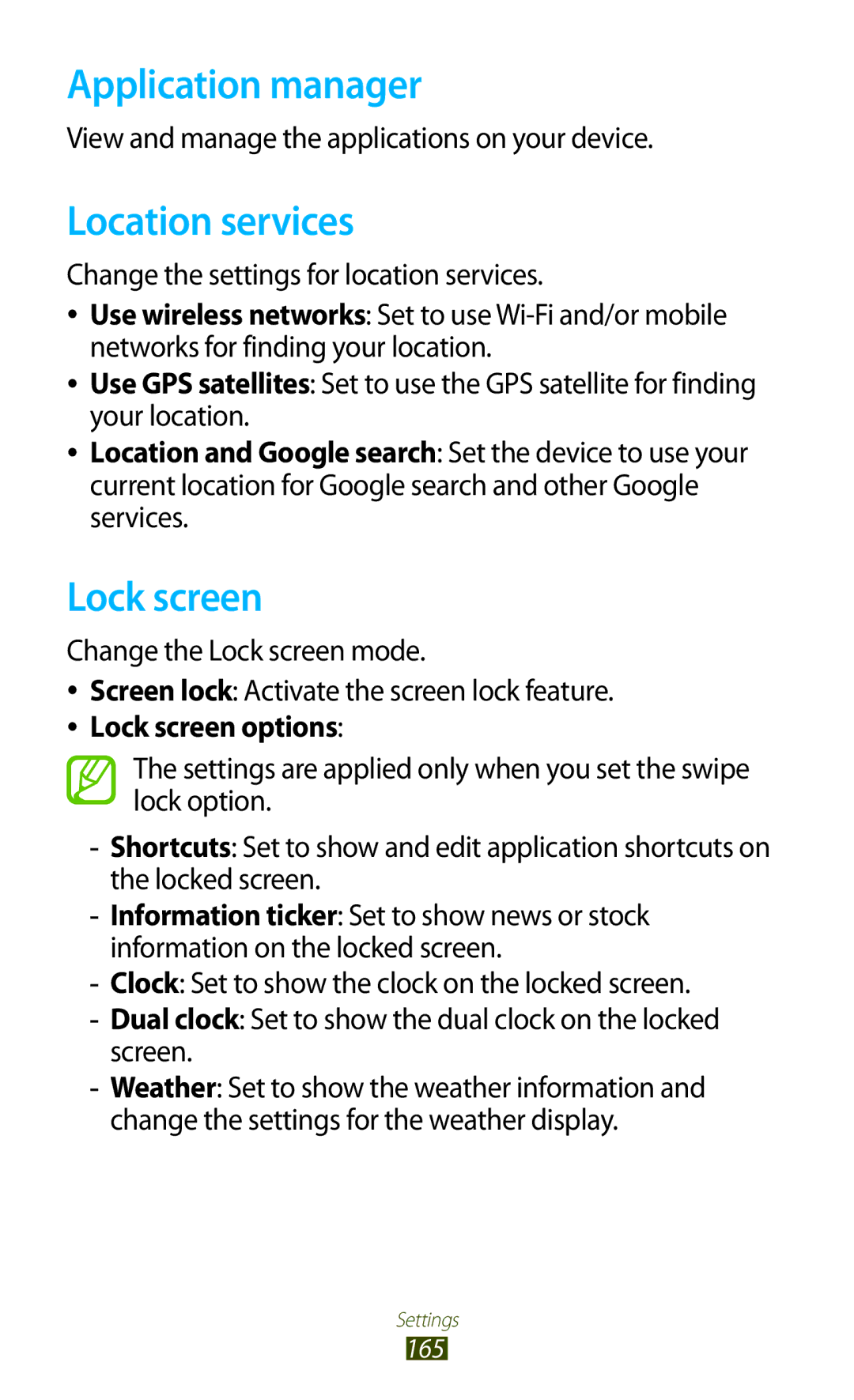 Samsung GT-N8000ZWAXXV, GT-N8000EAAKSA, GT-N8000ZWFTHR, GT-N8000EAAEGY Application manager, Location services, Lock screen 