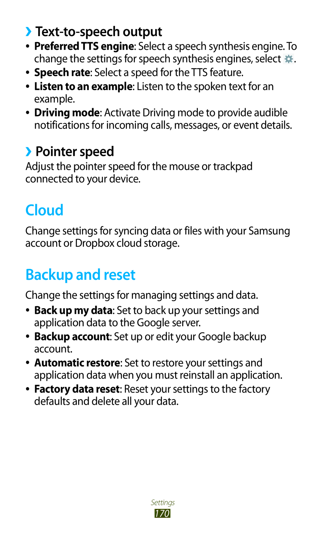 Samsung GT-N8000EAAEGY, GT-N8000EAAKSA, GT-N8000ZWFTHR Cloud, Backup and reset, ››Text-to-speech output, ››Pointer speed 