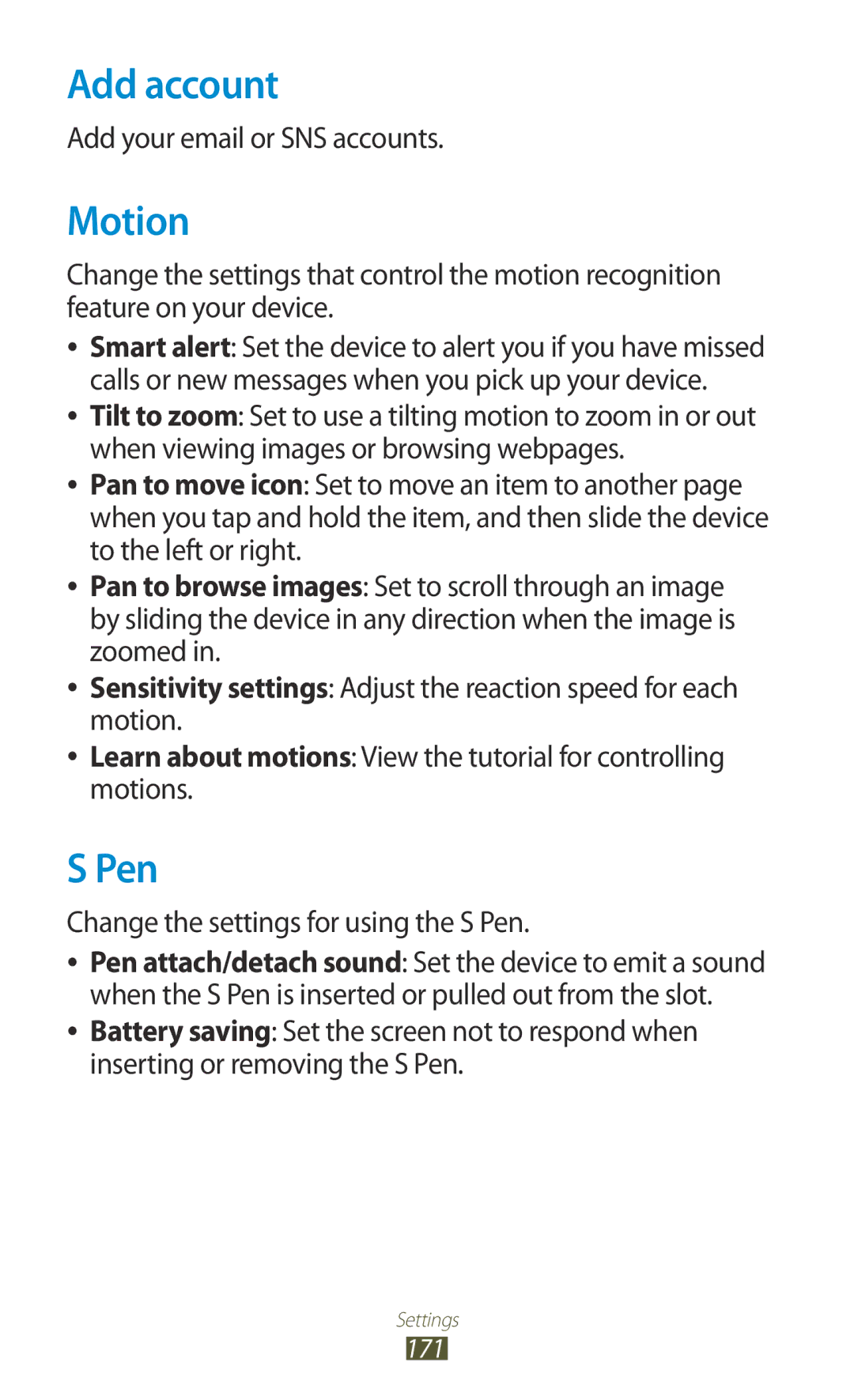 Samsung GT-N8000ZWAXSG, GT-N8000EAAKSA, GT-N8000ZWFTHR manual Add account, Motion, Pen, Add your email or SNS accounts 