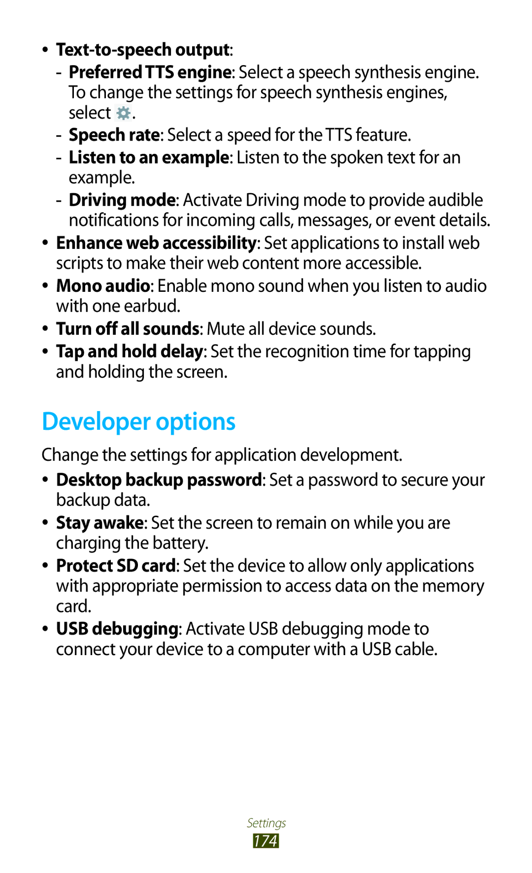 Samsung GT-N8000ZWACAC manual Developer options, Text-to-speech output, Change the settings for application development 