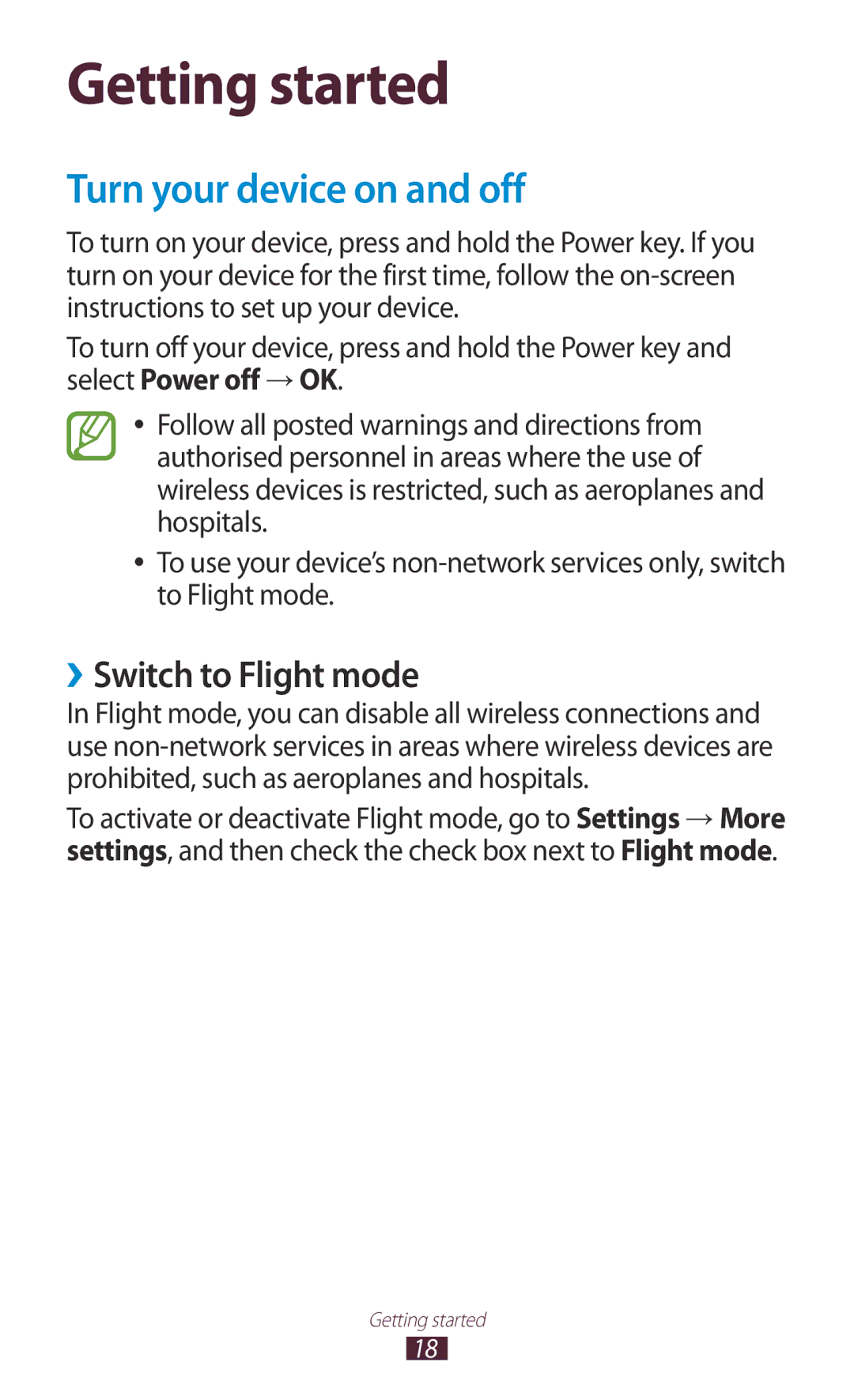 Samsung GT-N8000ZWAXXV, GT-N8000EAAKSA, GT-N8000ZWFTHR, GT-N8000EAAEGY Turn your device on and off, ››Switch to Flight mode 