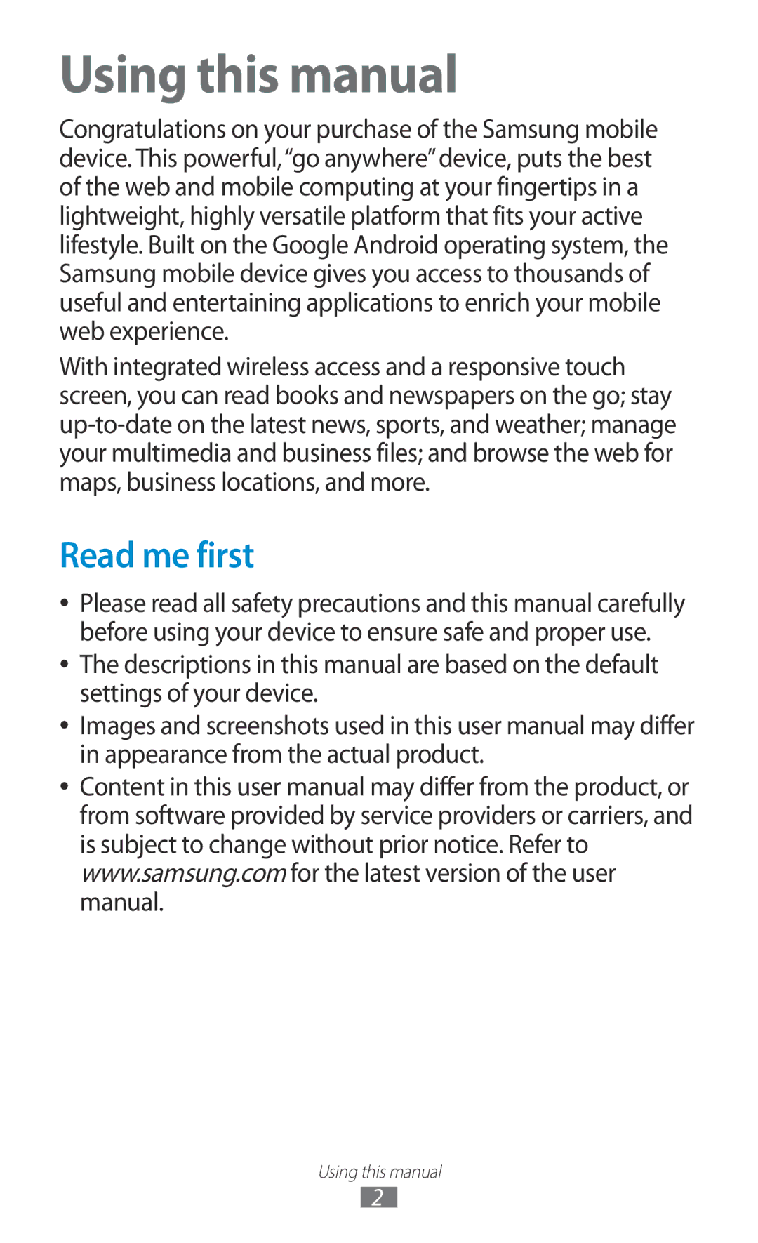 Samsung GT-N8000EAAEGY, GT-N8000EAAKSA, GT-N8000ZWFTHR, GT-N8000ZWAXSG, GT-N8000EAAXSG Using this manual, Read me first 