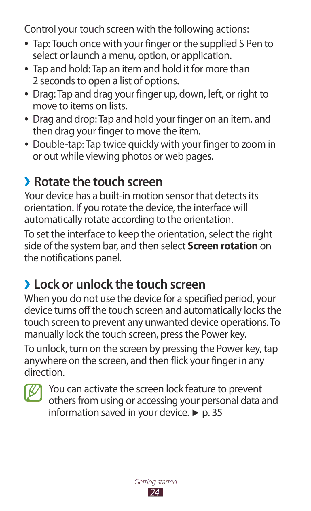 Samsung GT-N8000ZWAXSG, GT-N8000EAAKSA, GT-N8000ZWFTHR manual ››Rotate the touch screen, ››Lock or unlock the touch screen 