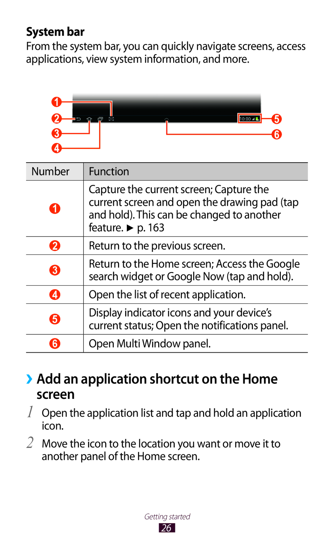 Samsung GT-N8000EAETHR ››Add an application shortcut on the Home screen, System bar, Open the list of recent application 