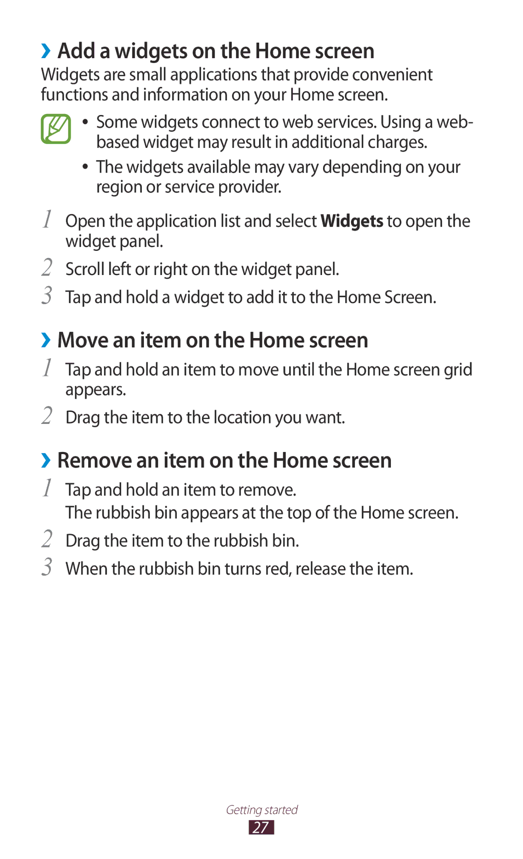 Samsung GT-N8000ZWACAC, GT-N8000EAAKSA manual ››Add a widgets on the Home screen, ››Move an item on the Home screen 