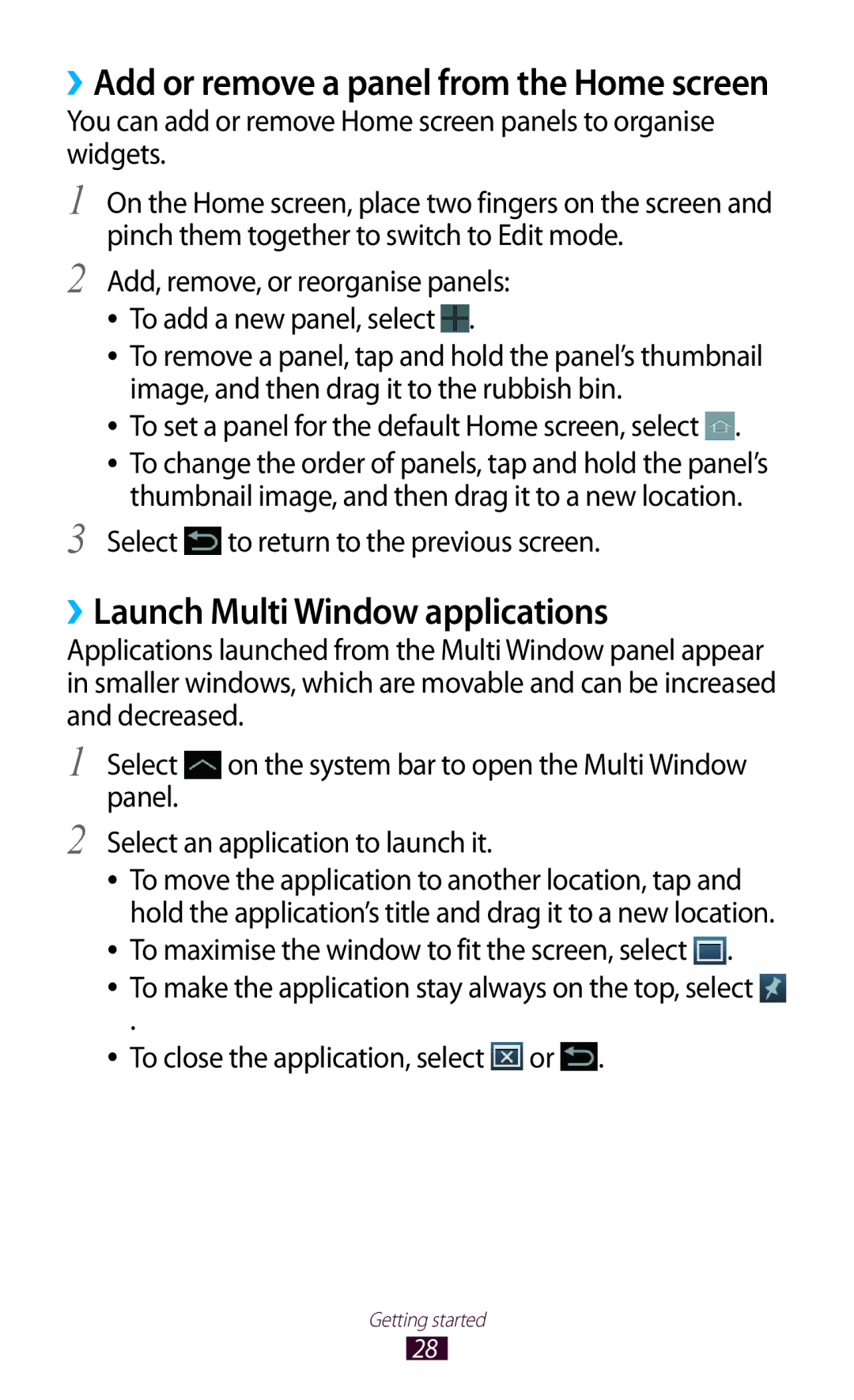 Samsung GT-N8000ZWAKSA, GT-N8000EAAKSA ››Launch Multi Window applications, ››Add or remove a panel from the Home screen 