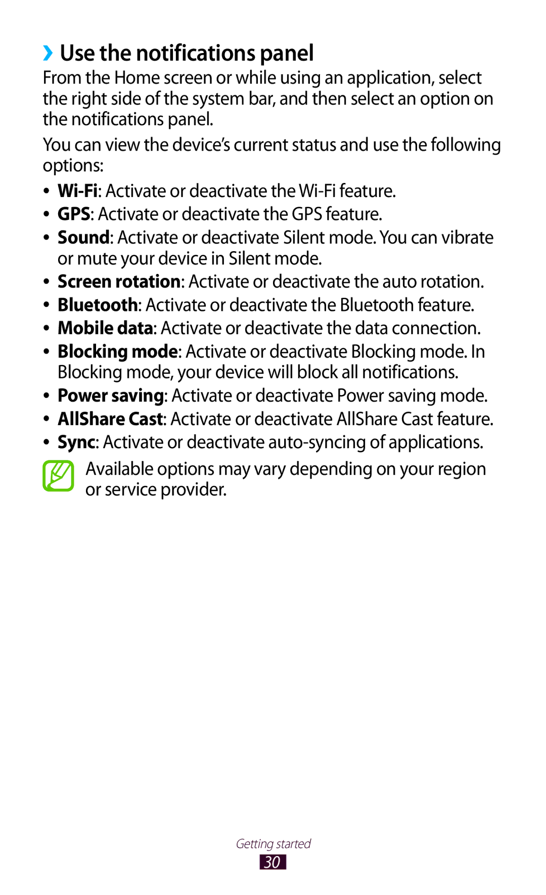 Samsung GT-N8000ZWAAFR manual ››Use the notifications panel, Power saving Activate or deactivate Power saving mode 