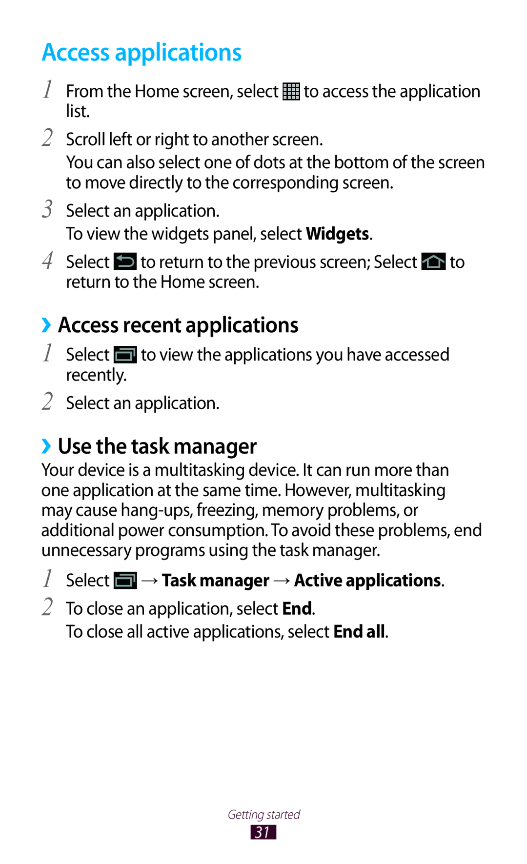 Samsung GT-N8000EAAAFR, GT-N8000EAAKSA manual Access applications, ››Access recent applications, ››Use the task manager 