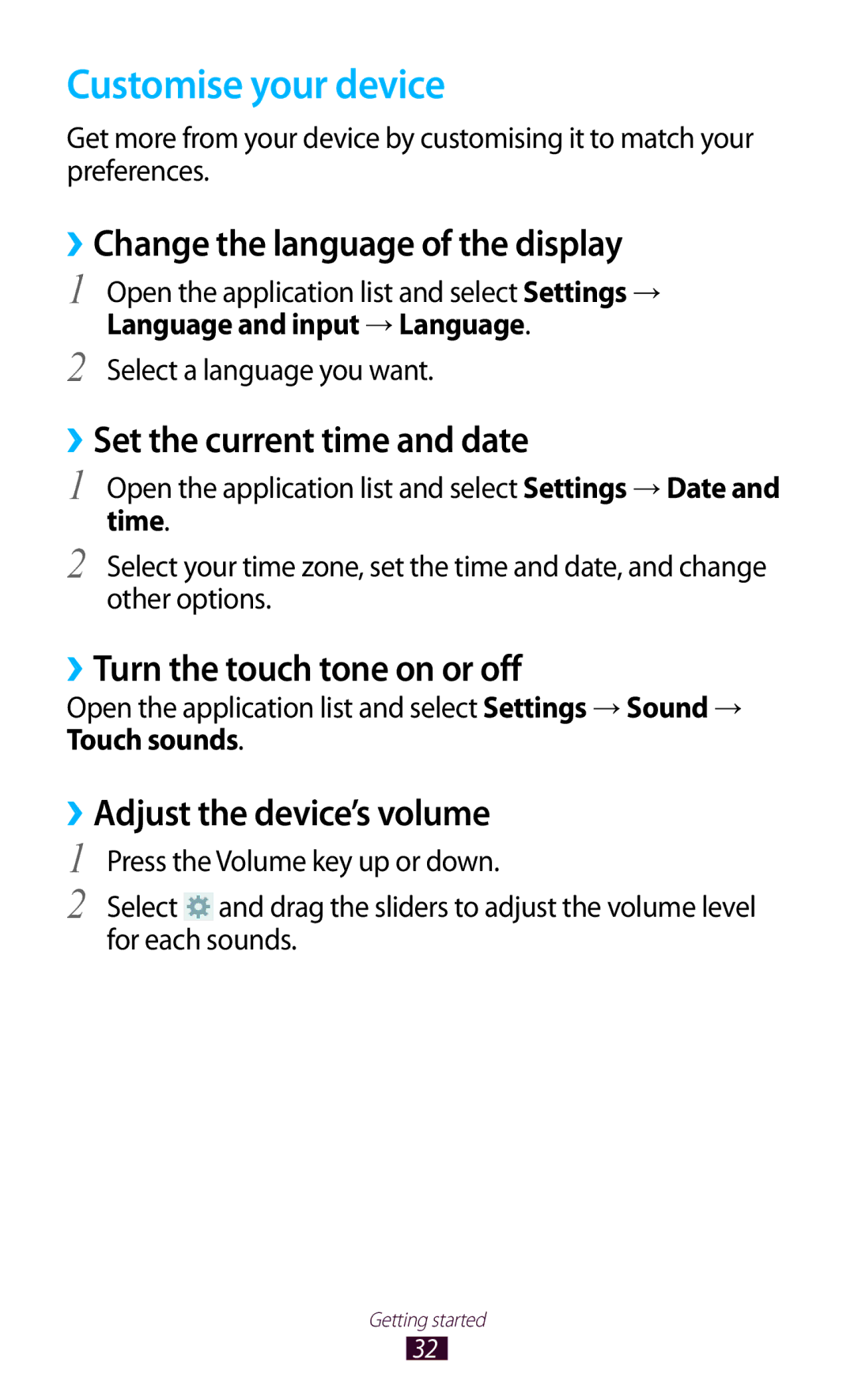 Samsung GT-N8000ZWAEGY manual Customise your device, ››Change the language of the display, ››Set the current time and date 