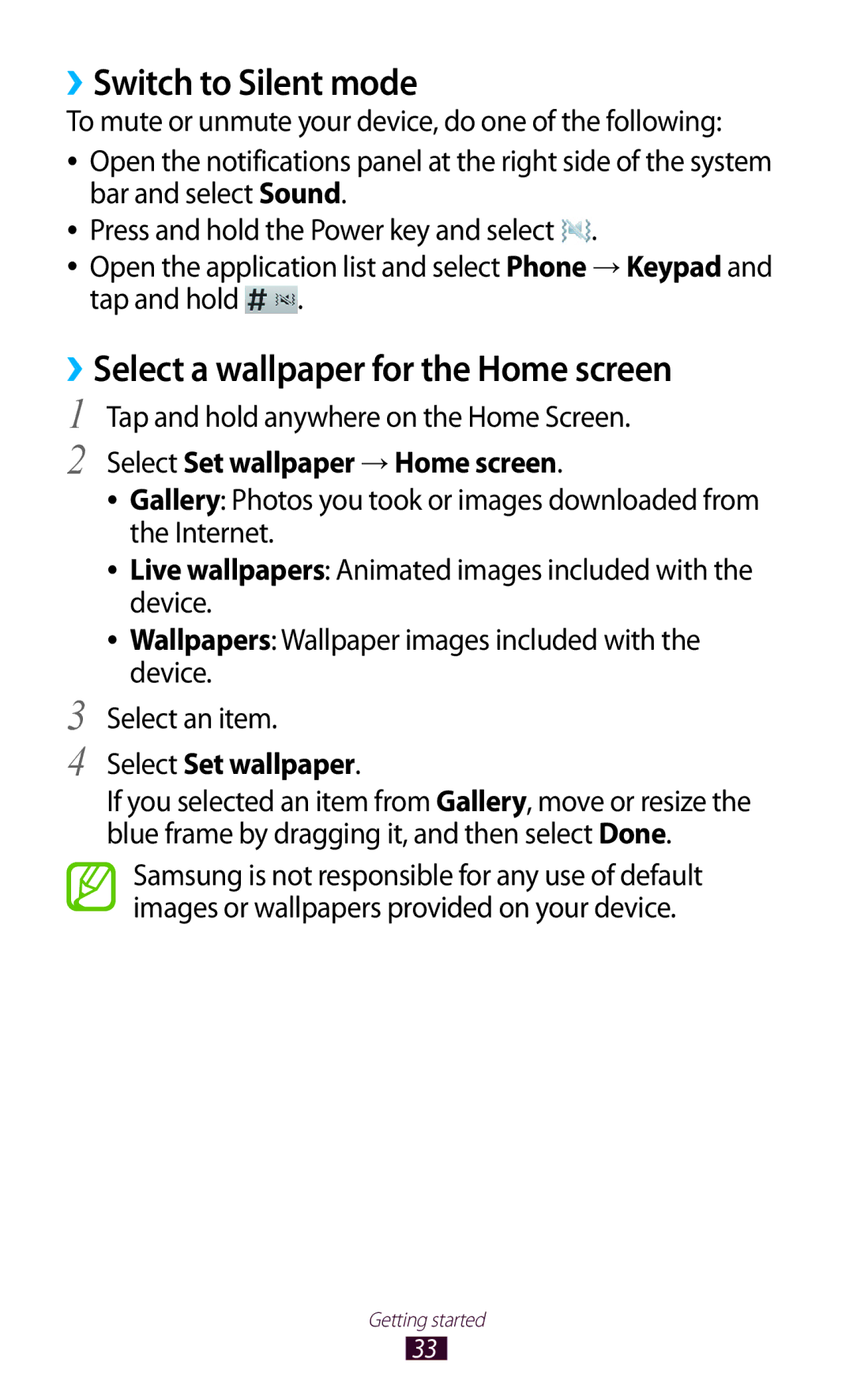 Samsung GT-N8000ZWATHR manual ››Switch to Silent mode, ››Select a wallpaper for the Home screen, Select Set wallpaper 