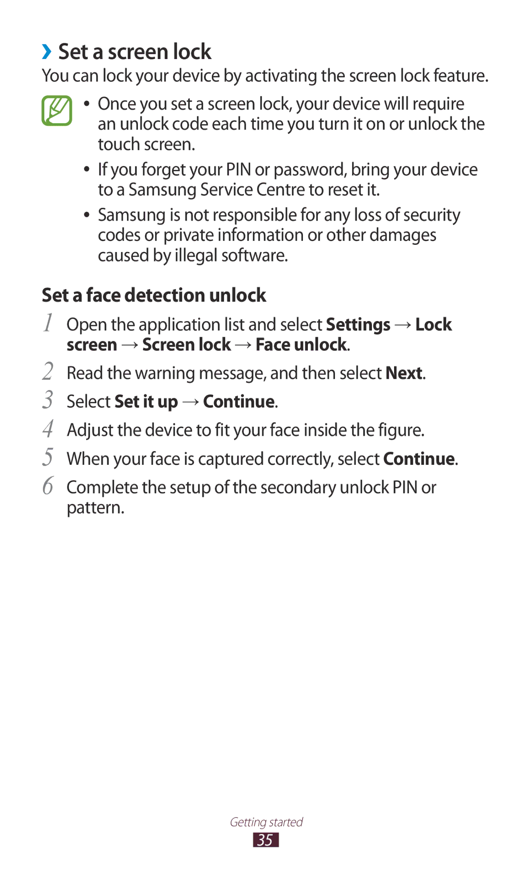 Samsung GT-N8000EAFTHR manual ››Set a screen lock, Set a face detection unlock, Screen → Screen lock → Face unlock 