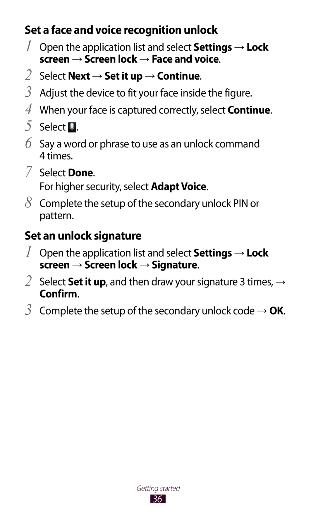 Samsung GT-N8000EAACAC Set a face and voice recognition unlock, Set an unlock signature, Screen → Screen lock → Signature 