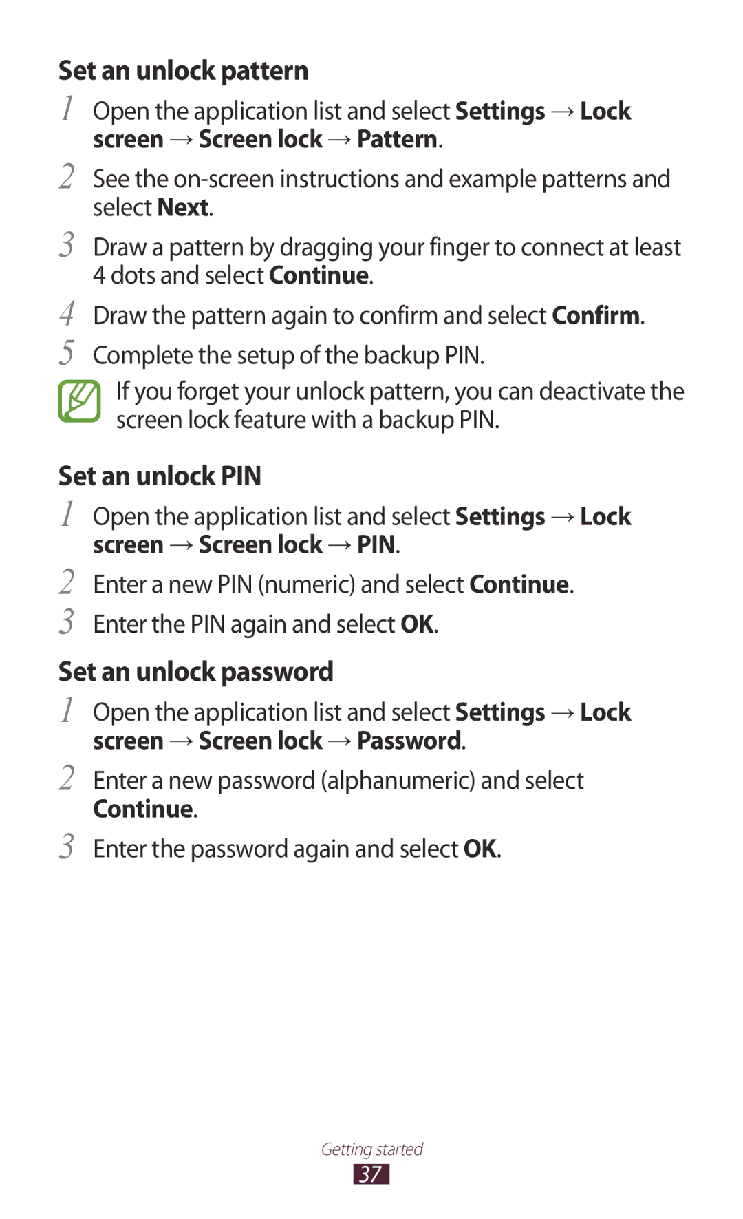 Samsung GT-N8000EAAJED, GT-N8000EAAKSA, GT-N8000ZWFTHR Set an unlock pattern, Set an unlock PIN, Set an unlock password 