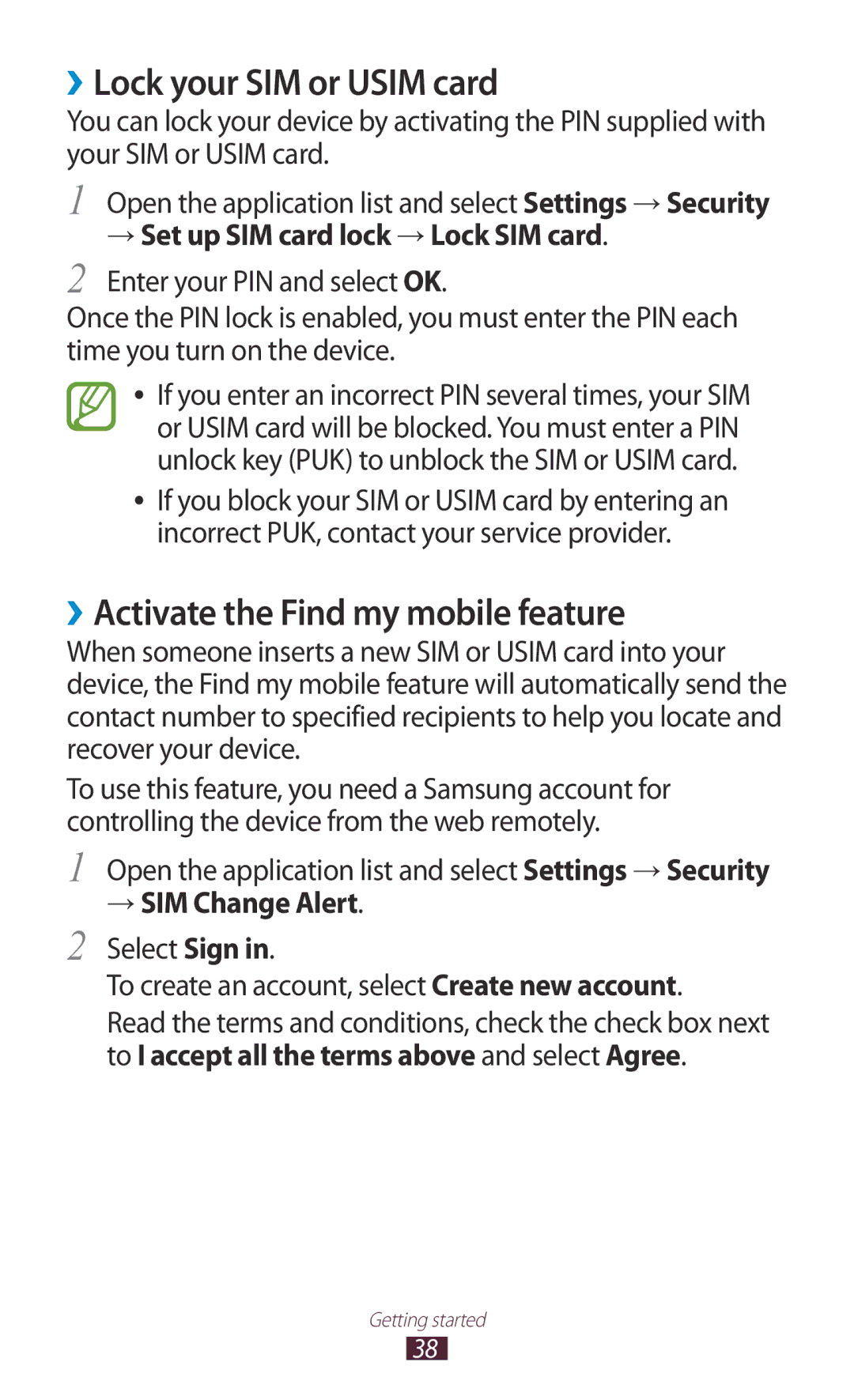 Samsung GT-N8000EAATHR manual ››Lock your SIM or Usim card, ››Activate the Find my mobile feature, → SIM Change Alert 