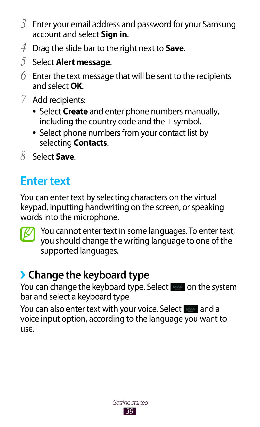 Samsung GT-N8000ZWAXXV, GT-N8000EAAKSA, GT-N8000ZWFTHR manual Enter text, ››Change the keyboard type, Select Alert message 