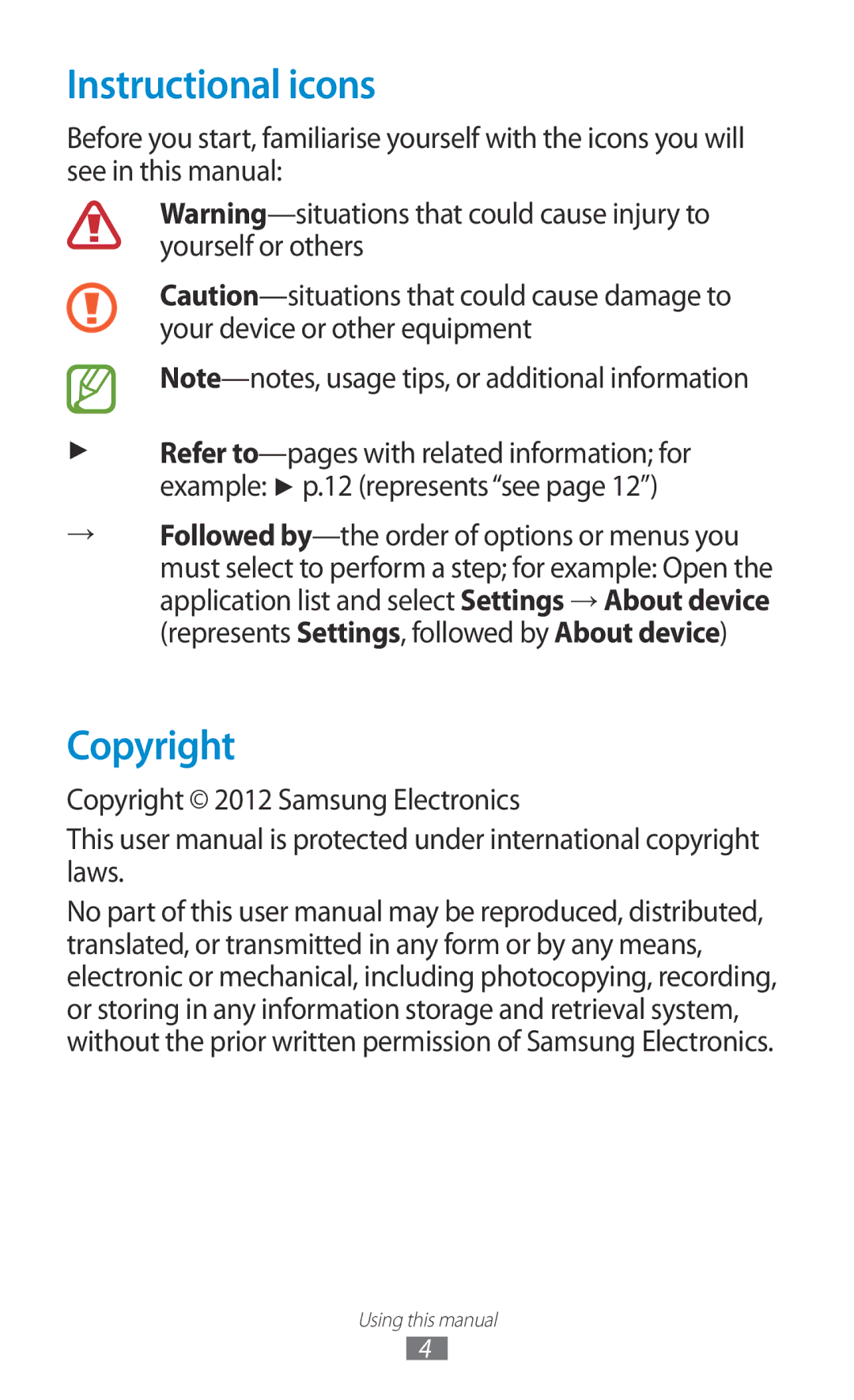 Samsung GT-N8000EAAXSG, GT-N8000EAAKSA, GT-N8000ZWFTHR manual Instructional icons, Copyright 2012 Samsung Electronics 