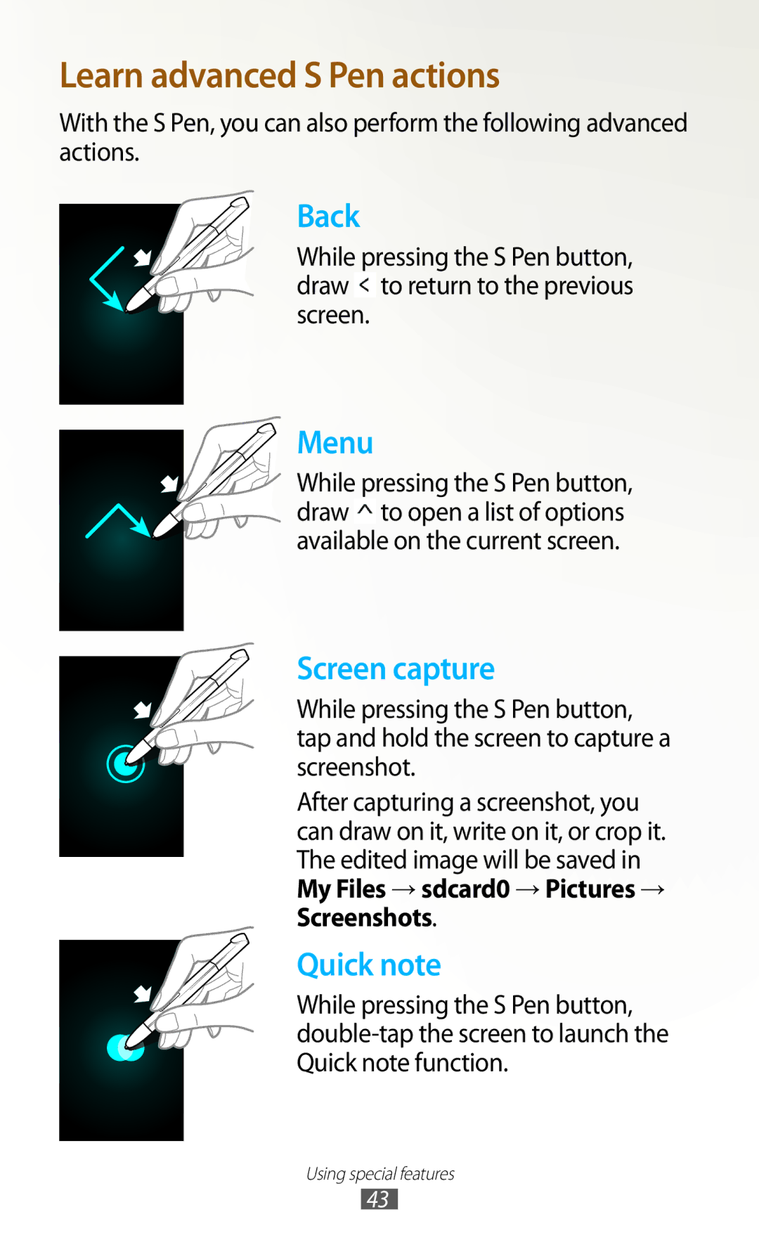 Samsung GT-N8000ZWFTHR, GT-N8000EAAKSA, GT-N8000EAAEGY, GT-N8000ZWAXSG, GT-N8000EAAXSG manual Learn advanced S Pen actions 