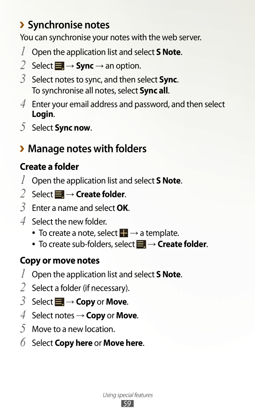 Samsung GT-N8000EAATHR, GT-N8000EAAKSA ››Synchronise notes, Manage notes with folders, Create a folder, Copy or move notes 