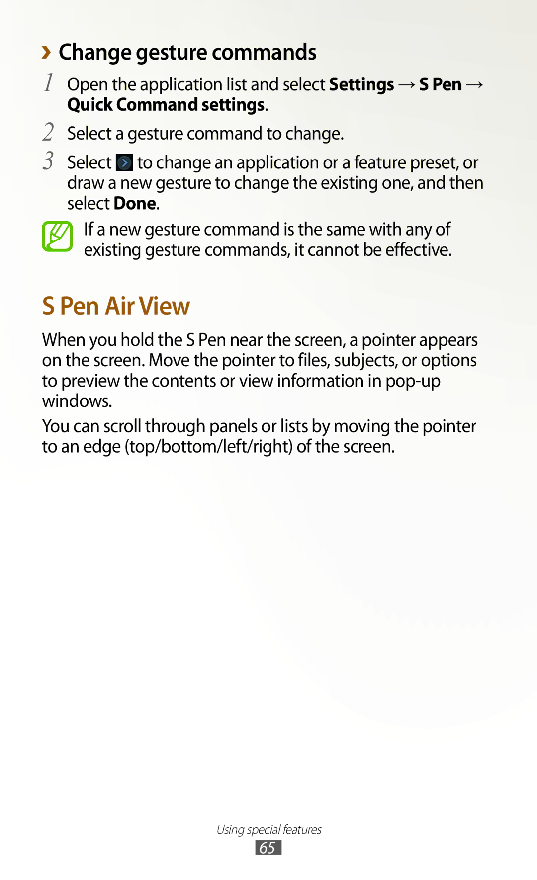 Samsung GT-N8000EAAEGY, GT-N8000EAAKSA, GT-N8000ZWFTHR, GT-N8000ZWAXSG manual Pen Air View, ››Change gesture commands 