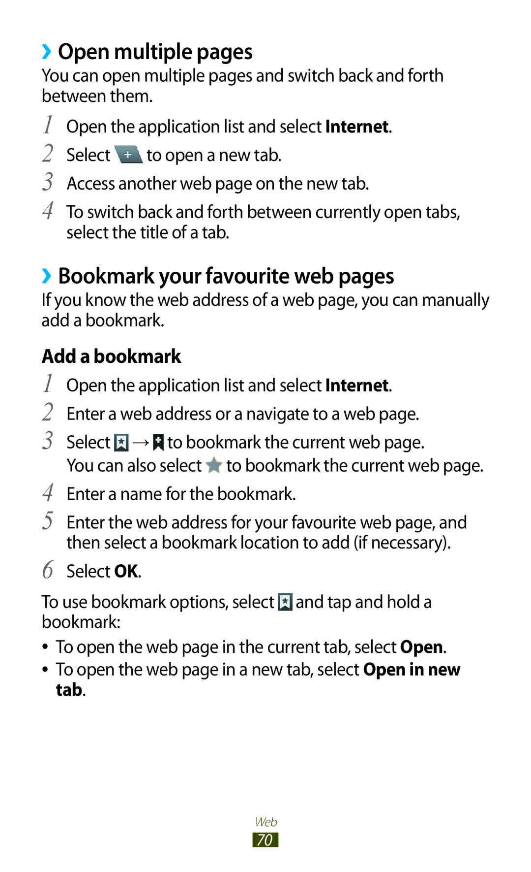 Samsung GT-N8000ZWAKSA, GT-N8000EAAKSA ››Open multiple pages, ››Bookmark your favourite web pages, Add a bookmark, Tab 
