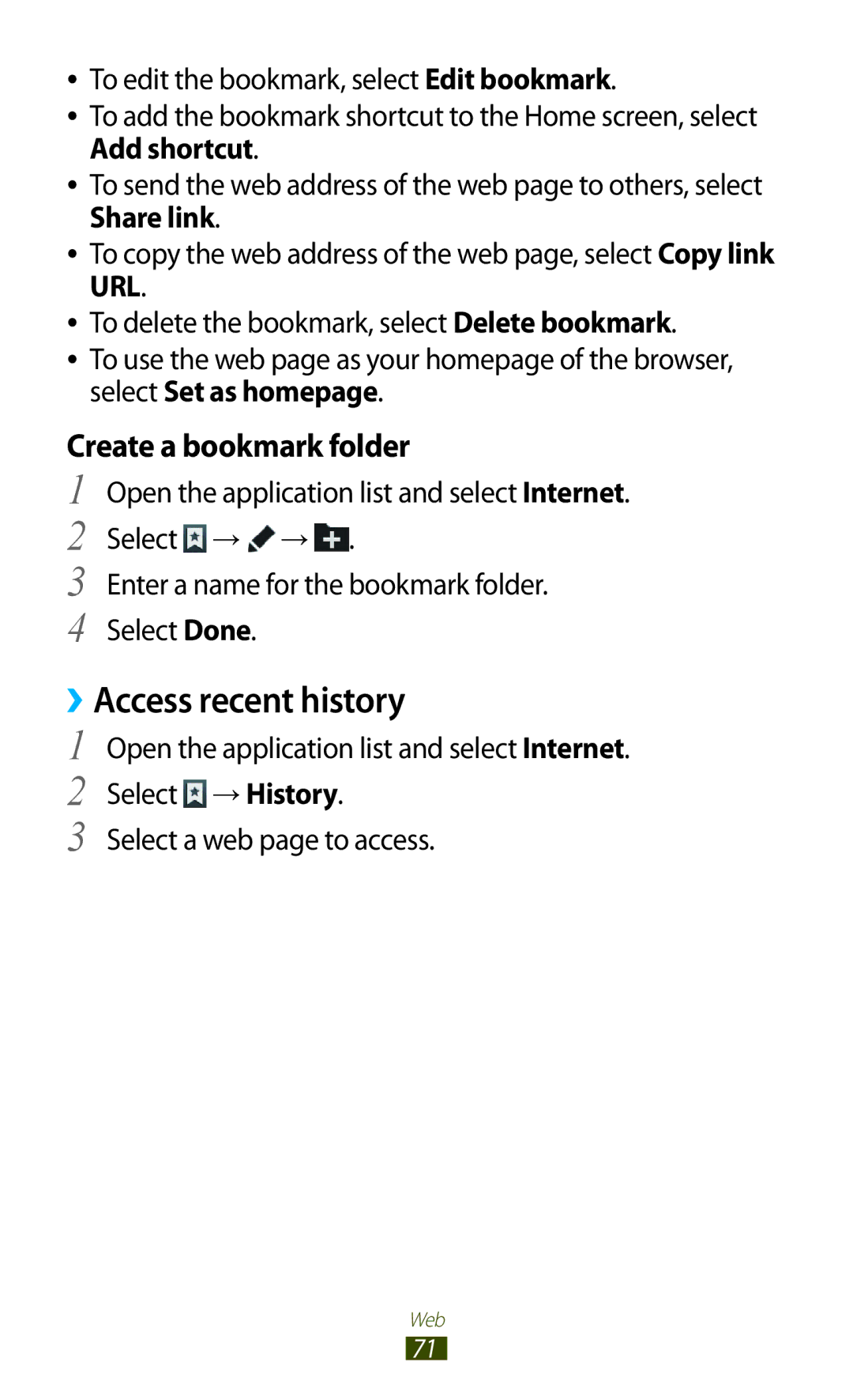 Samsung GT-N8000ZWAJED, GT-N8000EAAKSA, GT-N8000ZWFTHR, GT-N8000EAAEGY ››Access recent history, Create a bookmark folder 