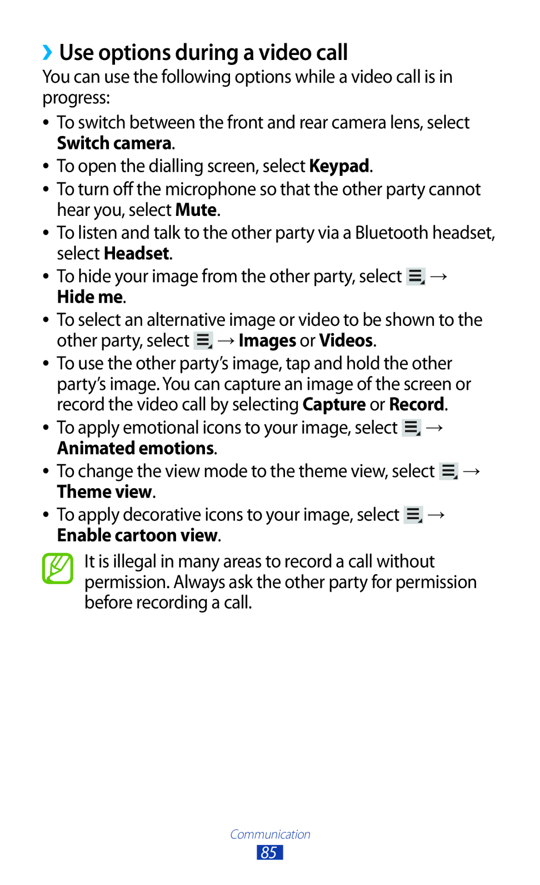 Samsung GT-N8000ZWFTHR, GT-N8000EAAKSA, GT-N8000EAAEGY, GT-N8000ZWAXSG, GT-N8000EAAXSG manual ››Use options during a video call 