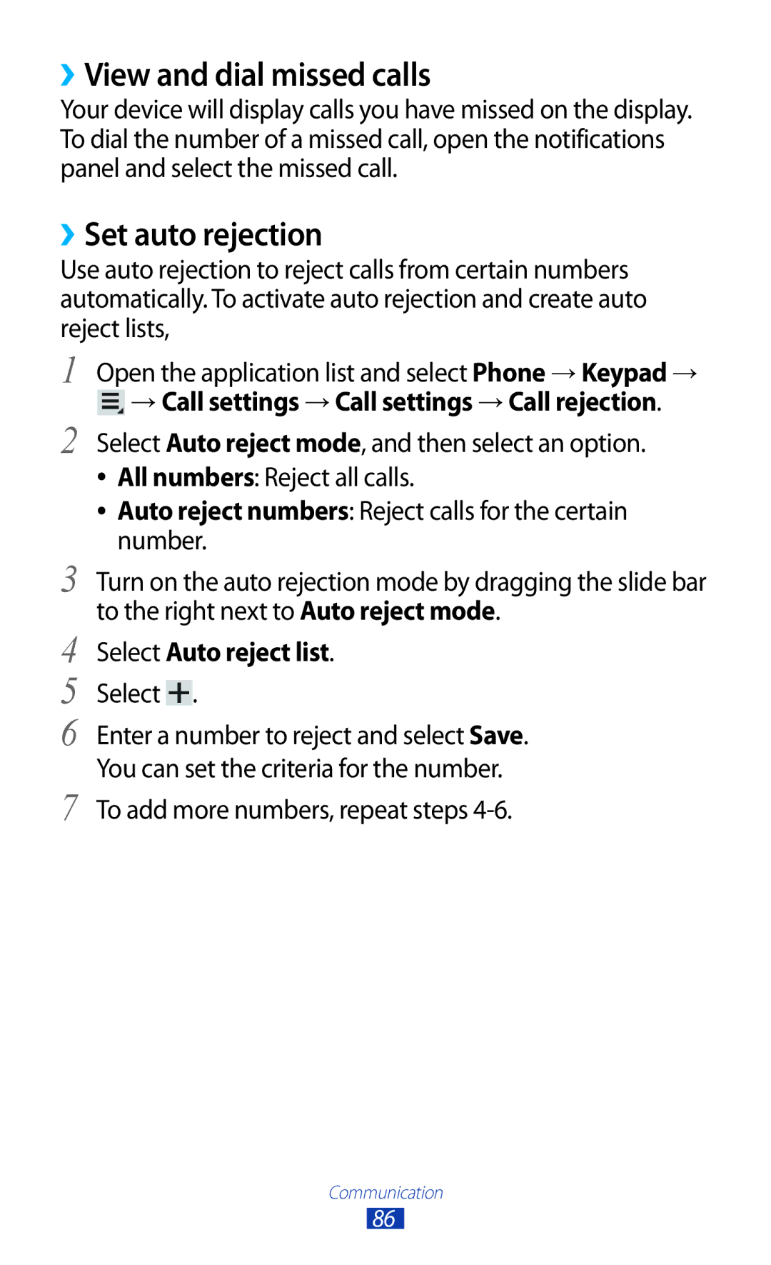 Samsung GT-N8000EAAEGY, GT-N8000EAAKSA manual ››View and dial missed calls, ››Set auto rejection, Select Auto reject list 